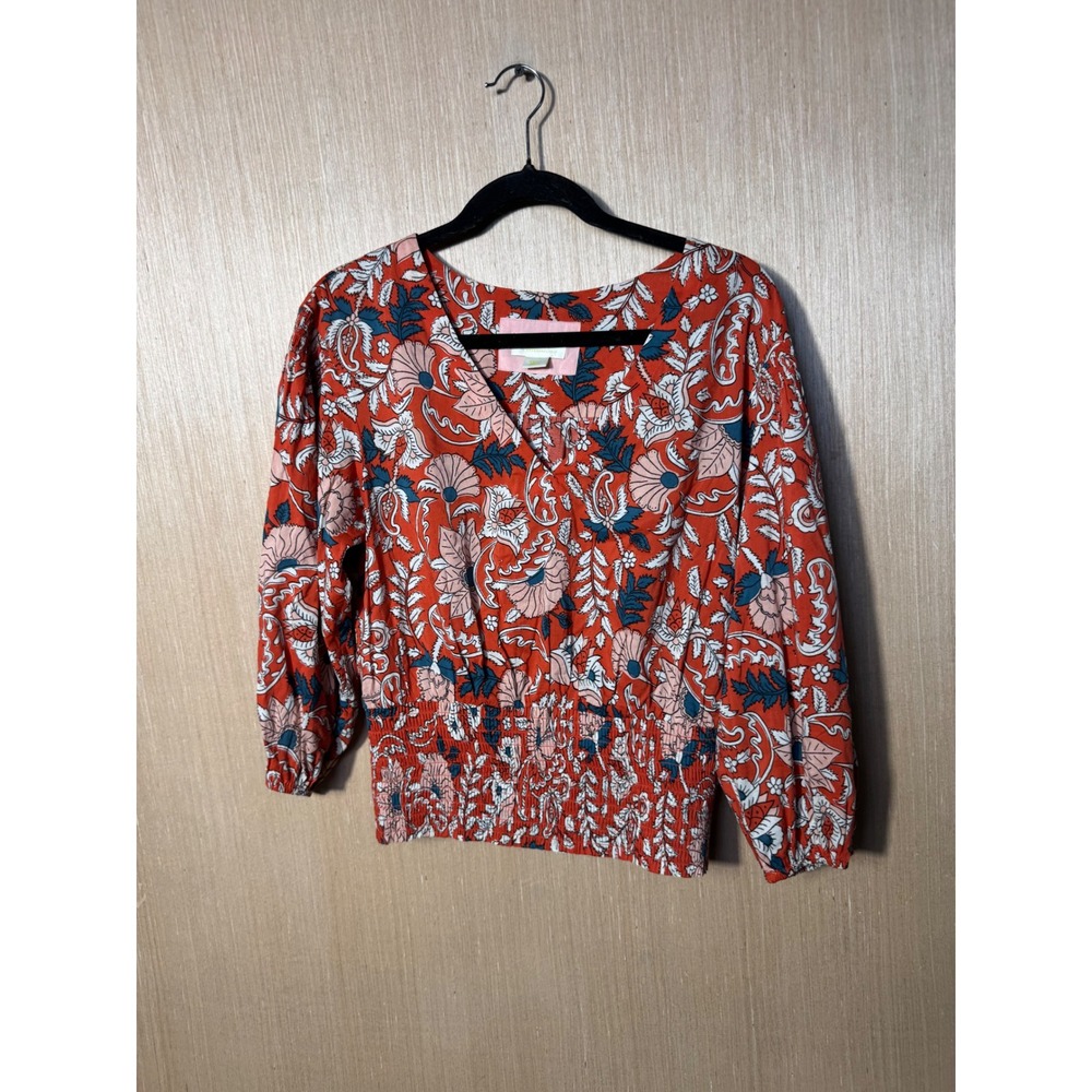 Maeve Anthropologie Floral Smocked Waist Blouse Red V-Neck Balloon Sleeve Small